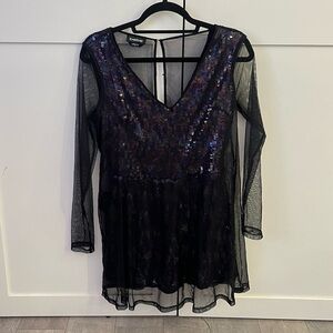 Bebe Black Mini Dress Romper with Sequin Bodice & Sheer Sleeves